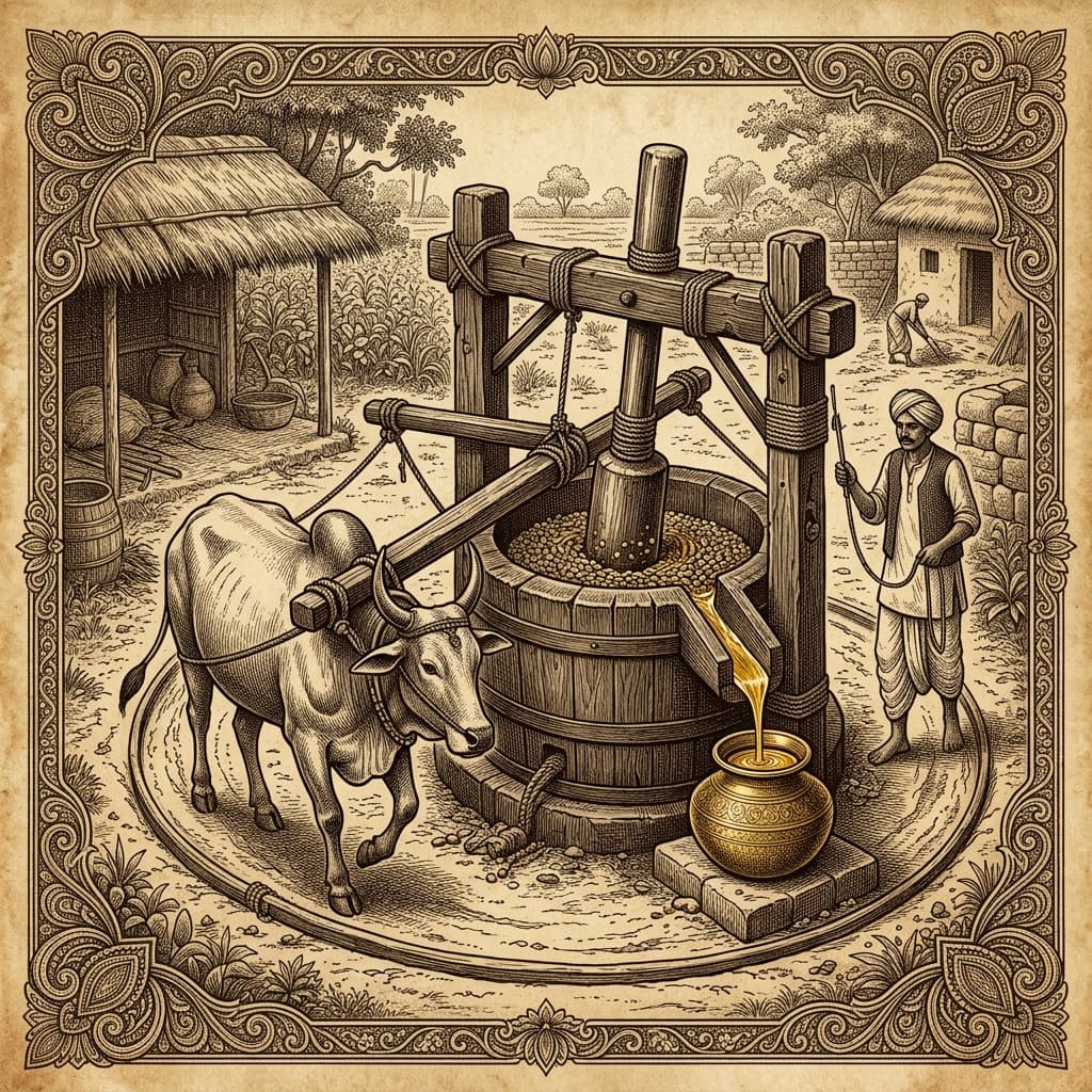 Traditional wooden ghani oil press with bull-driven mechanism