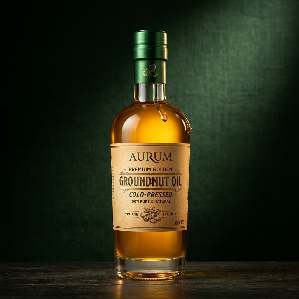 Single bottle of golden NOONI cold-pressed oil under dramatic lighting