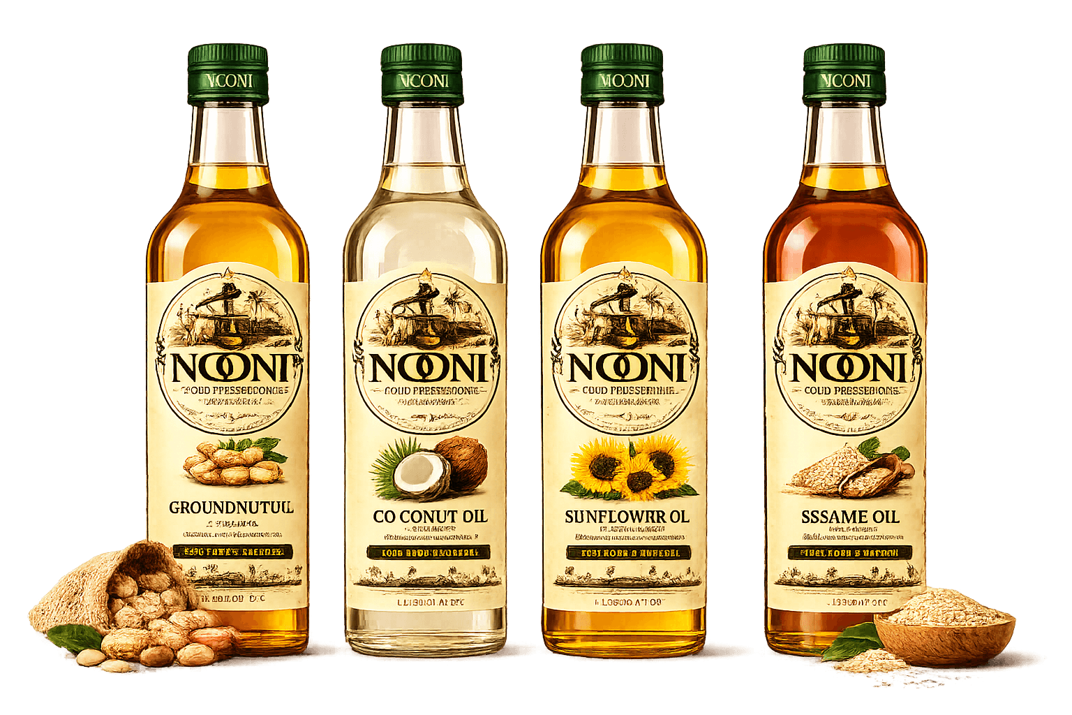 NOONI cold-pressed oil collection — Groundnut, Coconut, Sunflower, and Sesame oils in premium glass bottles